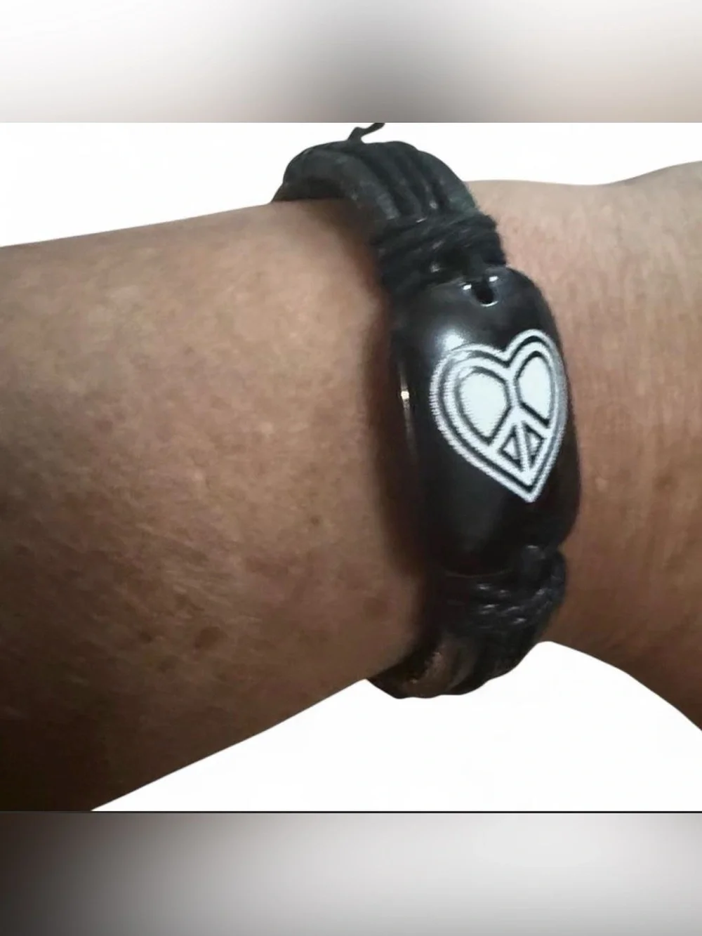 Black Leather Peace Heart Bracelet | Adjustable Unisex | Boho Y2K